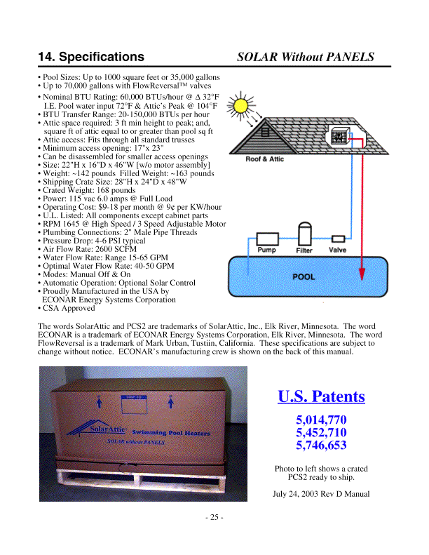 Graphic Image display of SolarAttic solar pool heater PCS2 second generation specifications