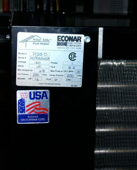 CSA safety certifcation label for the solarattic solar pool heater Model PCS3
