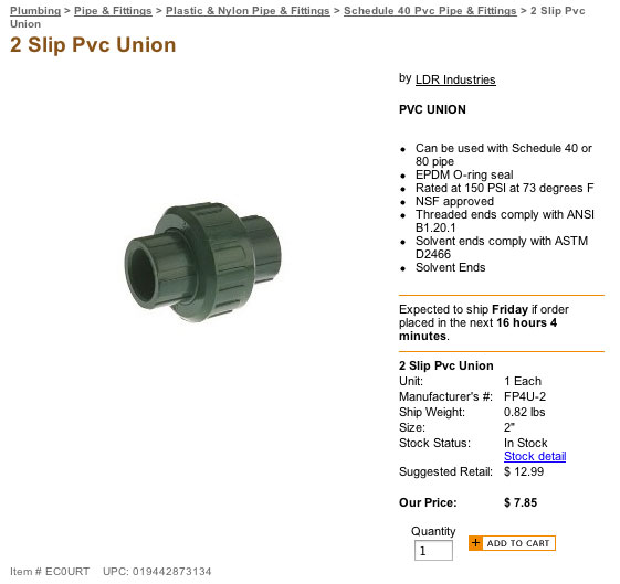 LDR Slip Union specified for use in the PCS3 solar pool heater