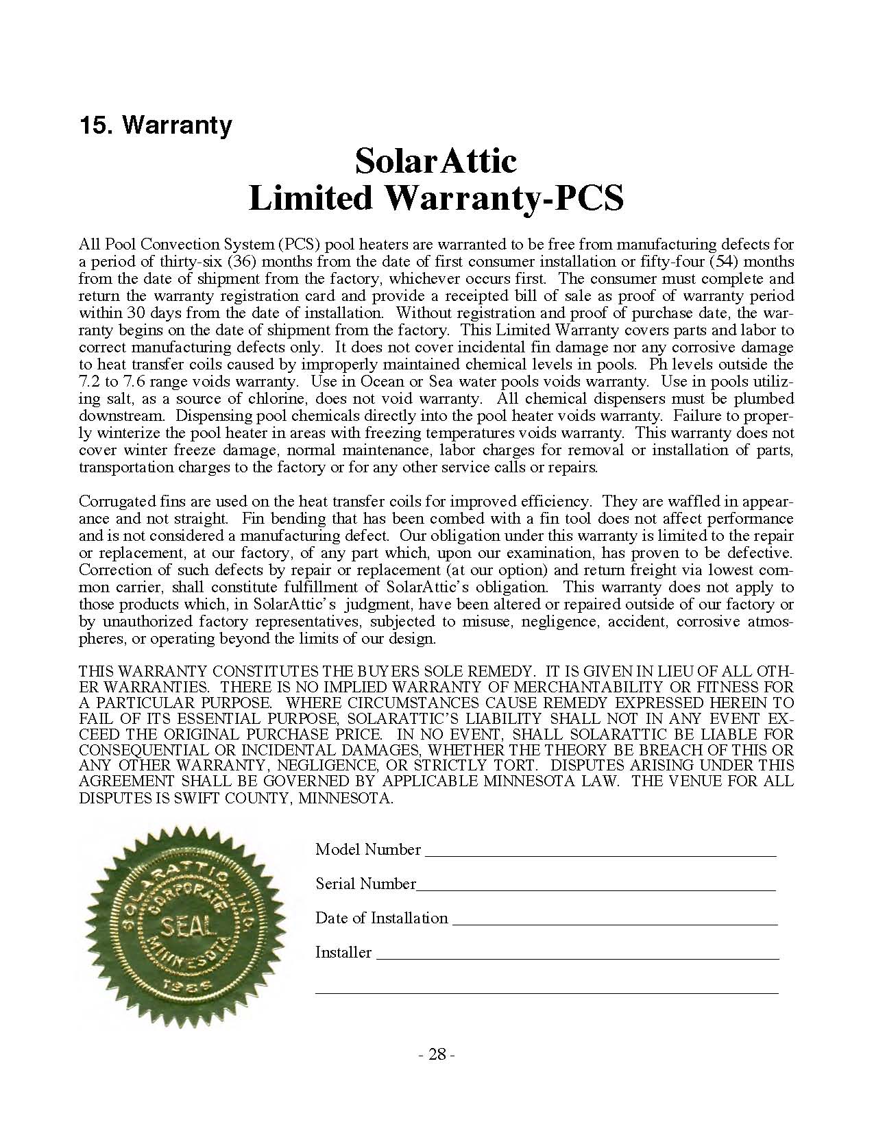 Image of the third generation attic solar pool heater model PCS3 Warranty Certificate
